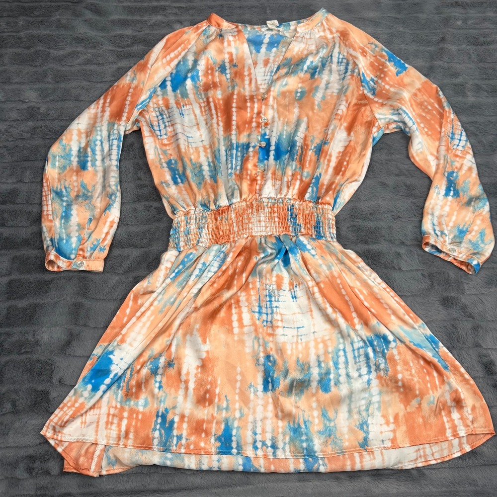 Ariella Tie Dye Smocked Waist Mini Dress Orange Blue Long Sleeve D878-P629 L
